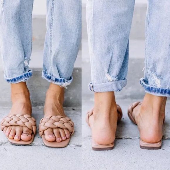 NEW Camel Tan Puffy Braided Faux Leather Square Toe Slip Slide On Flat Sandals - Picture 5 of 11